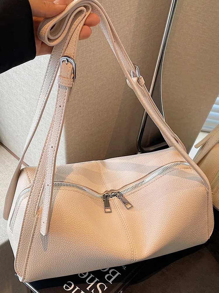 Women's Minimalist PU Leather Litchi Pattern Underarm Shoulder Bag Large Capacity Daily Commuter Handbag Double Zipper