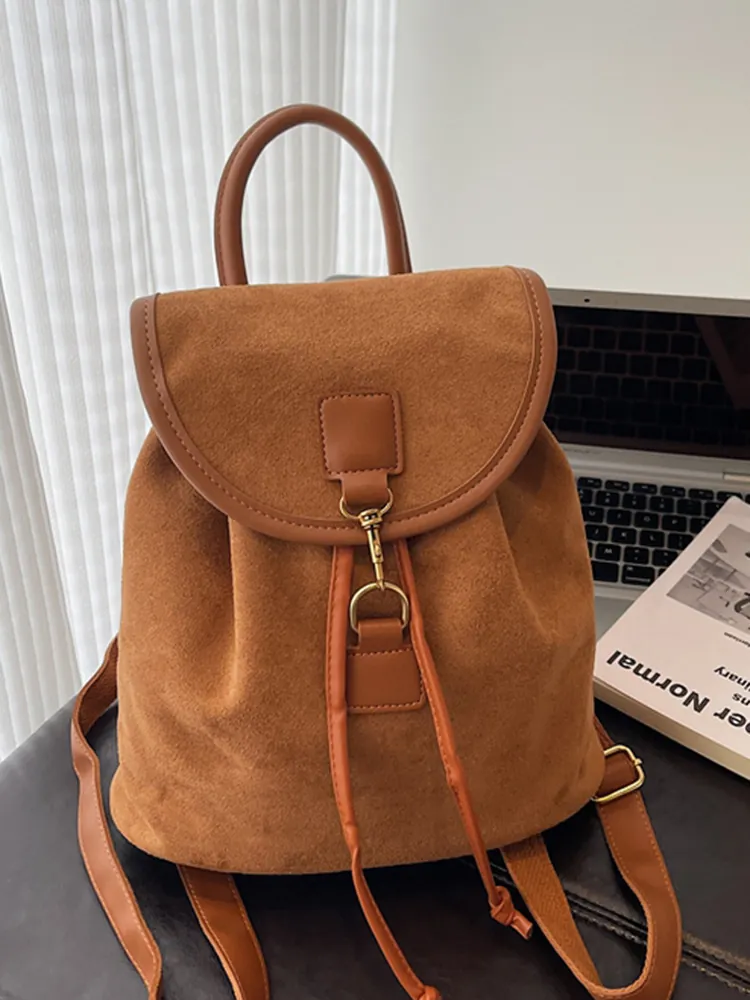 Women Retro Suede Drawstring Backpack Large Capacity Korean Style Fashion Commuter Shoulder Bag With Metal Hook Buckle