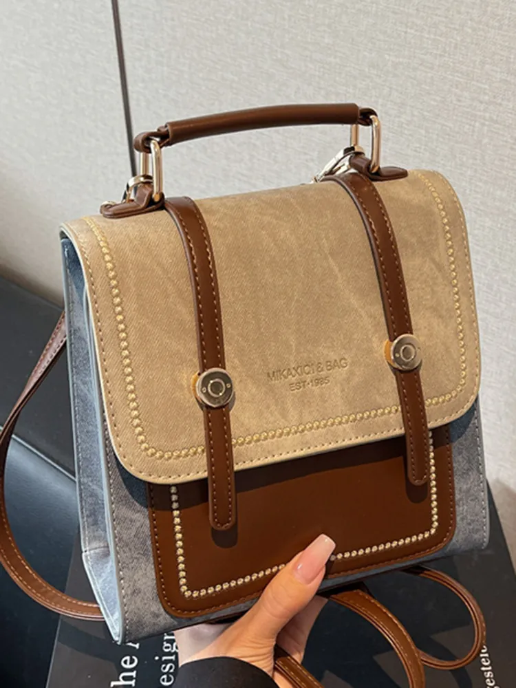 Vintage Colorblock PU Leather Backpack For Women British School Style Small Handheld Shoulder Bag Commute Daily Wear Resistant Bag