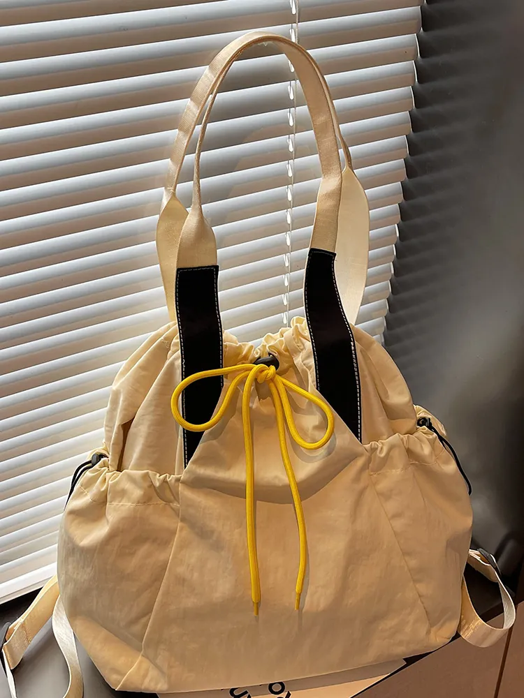 Women Large Capacity Canvas Drawstring Shoulder Bag Urban Simple Fashion Contrast Color Backpack For College Students Daily Travel Tote Bag