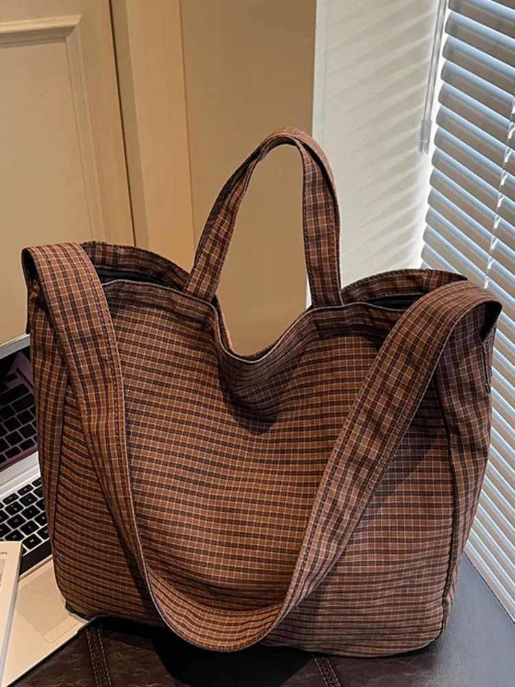 Sac Fourre-tout en Toile À Carreaux Grande Capacité pour Femmes 2025 Automne Nouveau Mode Décontracté Trajet Sac À Bandoulière