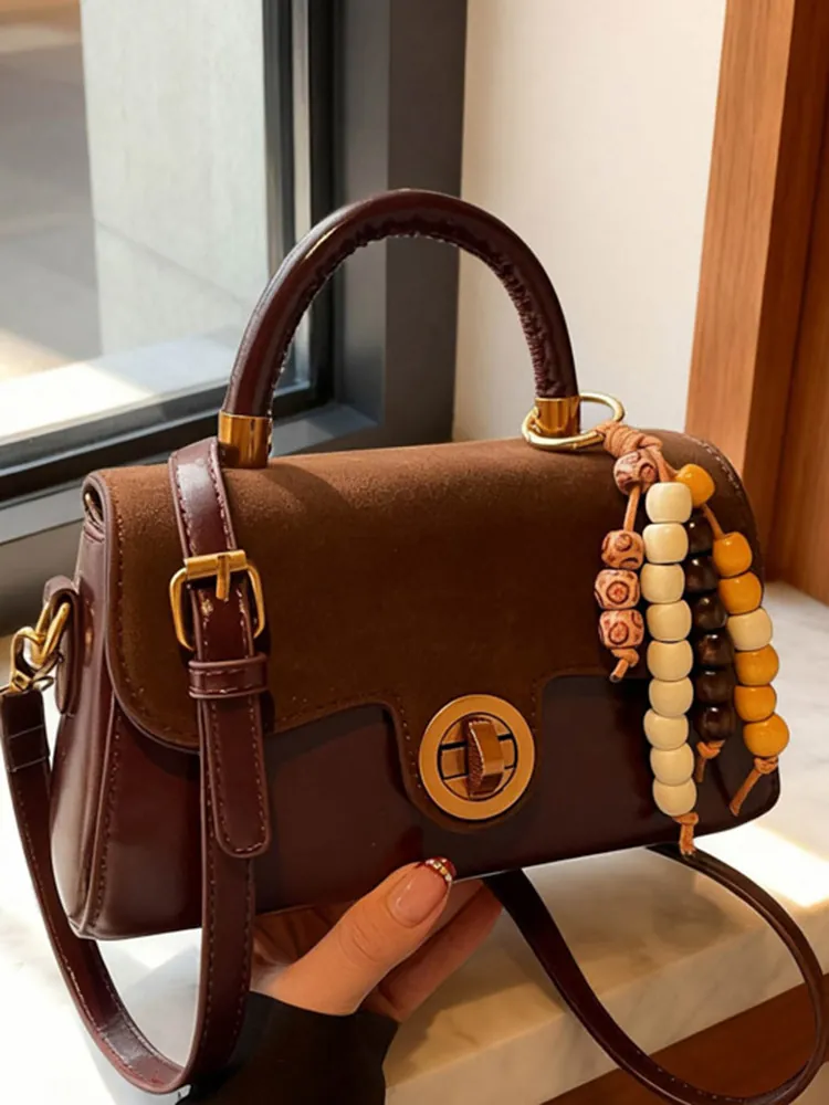 Women Retro Splicing PU Leather Small Square Handbag For Elegant Commute Shoulder Crossbody Bag With Wood Bead Decor