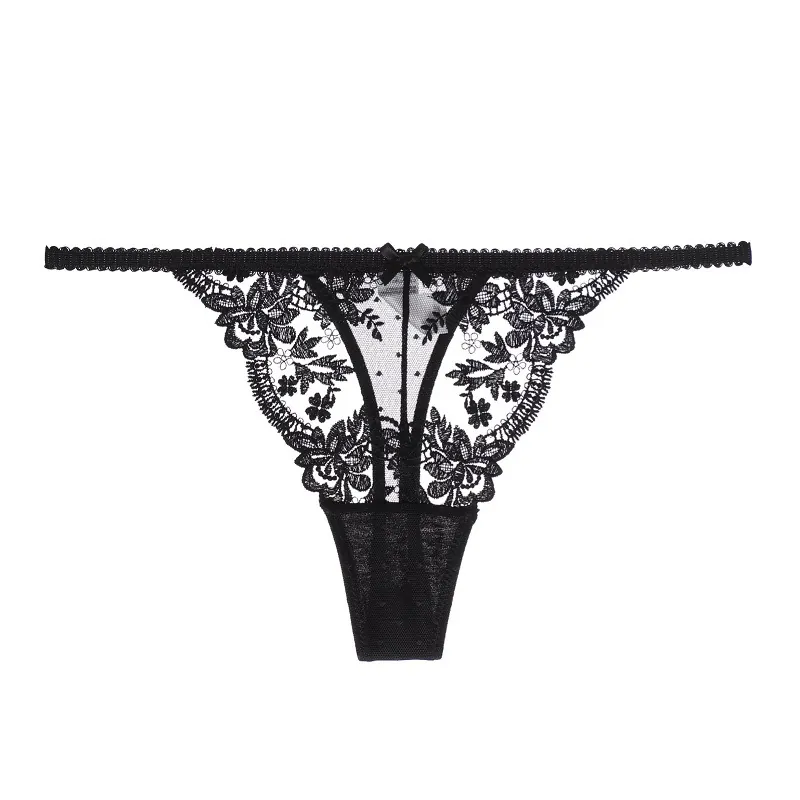 Women's Sexy Lace Thong Underwear Flower Embroidery Low Waist T-Back Panties Transparent Hollow Out Lingerie With Bow Decor