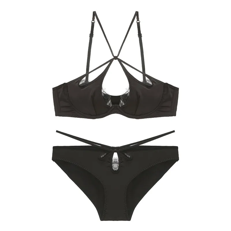 Lussuoso Set di Lingerie in Raso e Pizzo a Ciglia Top And Bottom Scollo a V Profondo Cinturini Incrociati Push Up Reggiseno e Slip Donna