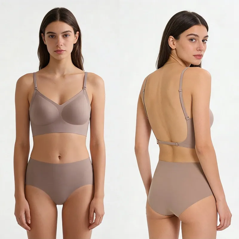 Women Seamless Backless Bra And Panties Wireless Thin Cup Convertible Straps Nylon Lingerie Top And Bottom Sexy Style