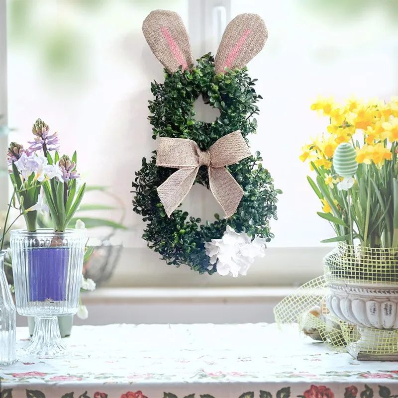 Easter Rabbit Wreath Artificial Greenery Bunny Garland With Burlap Ears And Bow For Home Wall Door Hanging Decoration