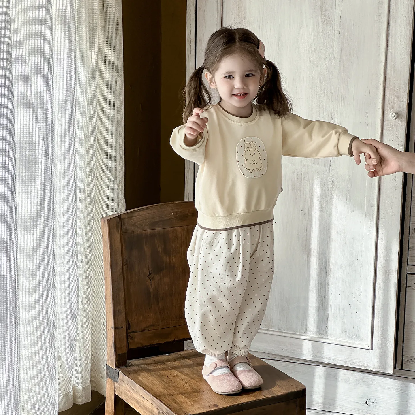 Baby Girls Spring Cotton Blend Outfit Long Sleeve Rabbit Applique Sweatshirt And Polka Dot Pants Toddler Clothing