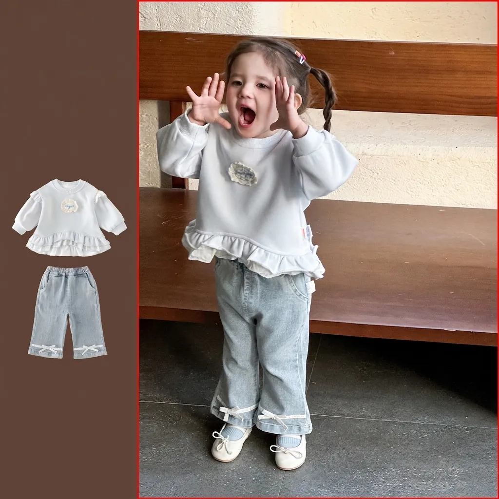 Baby Girls Clothing Set Spring Long Sleeve Ruffle Sweatshirt And Denim Flare Pants With Bow Two-Piece Korean Style Outfit