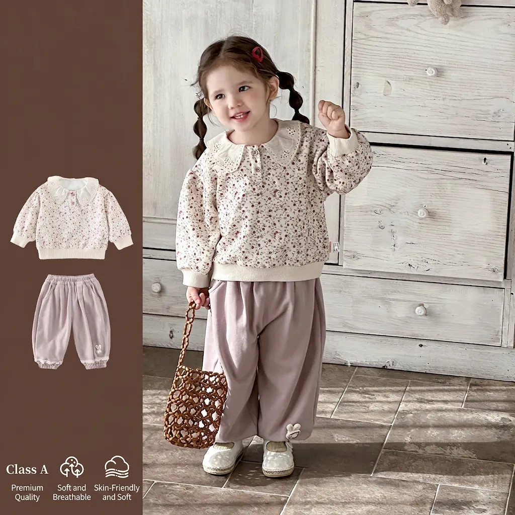 Toddler Girls Floral Print Long Sleeve Top And Purple Pants Two Piece Set With Lace Collar And Rabbit Patch Spring Clothes