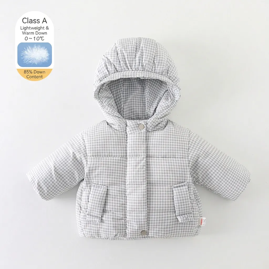 Piumino da Neonata con Cappuccio a Quadretti Piumino d'Anatra Bianco Caldo Capispalla Invernale Trapuntato per Bambini