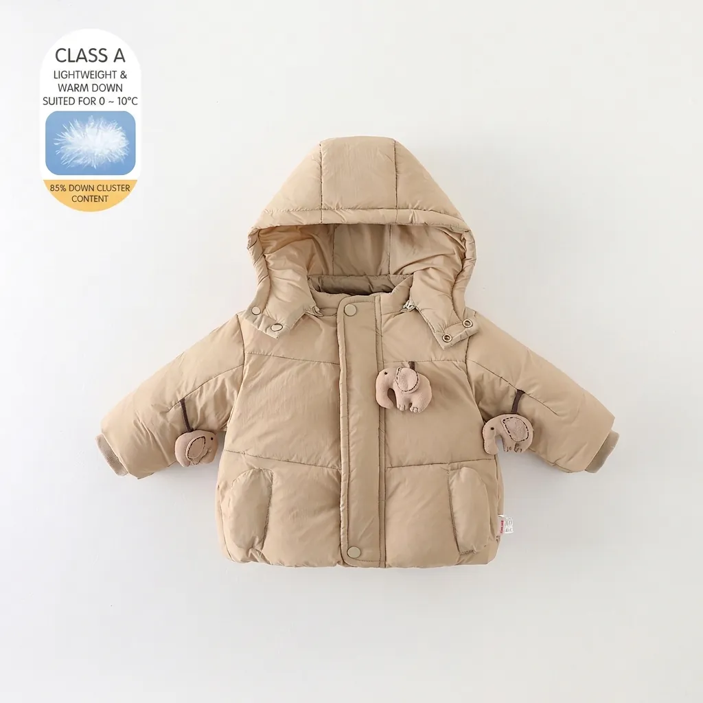 Infant Boy Winter Down Jacket Thickened Warm Hooded Coat With Cartoon Elephant 90% White Duck Down Padded Outerwear