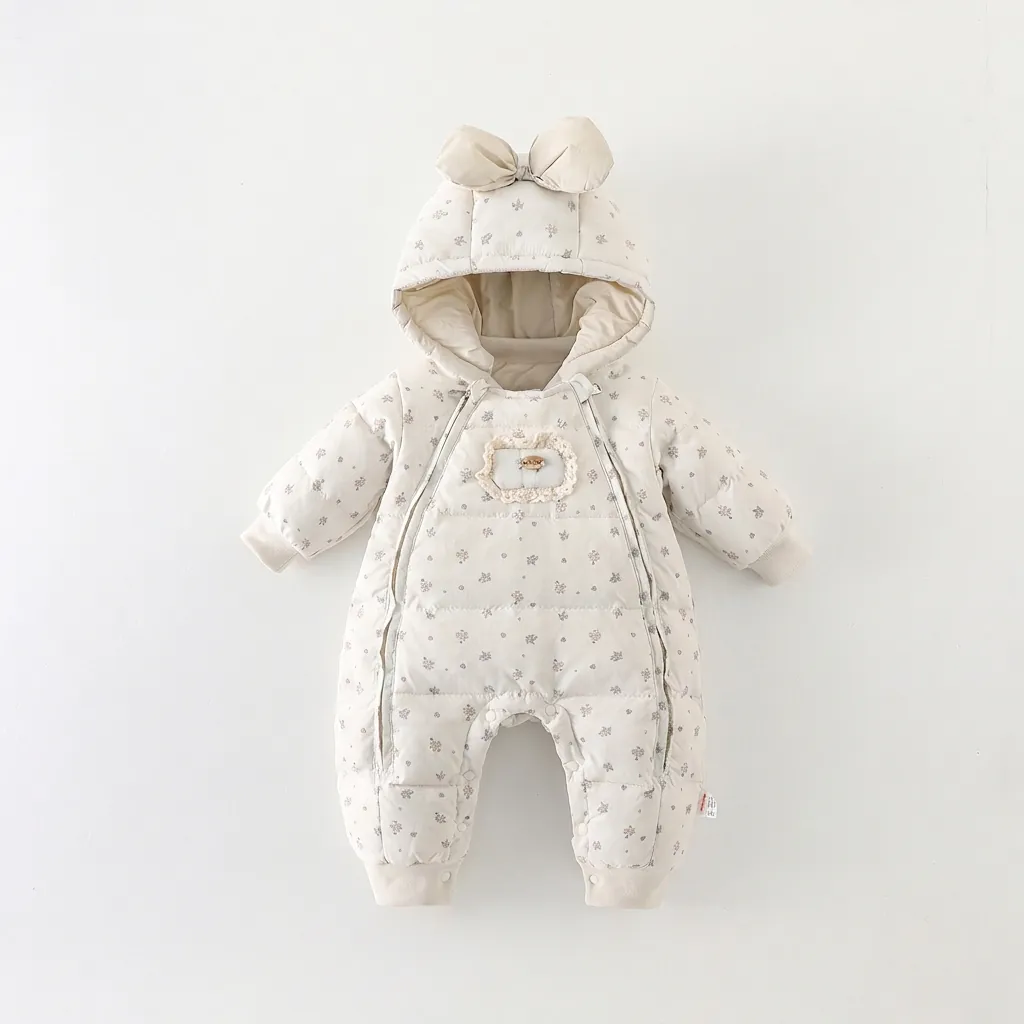 Baby Girl Winter Down Jumpsuit Floral Bow Hooded Warm Snowsuit Outdoor Romper Quilted White Duck Down Toddler Bodysuit