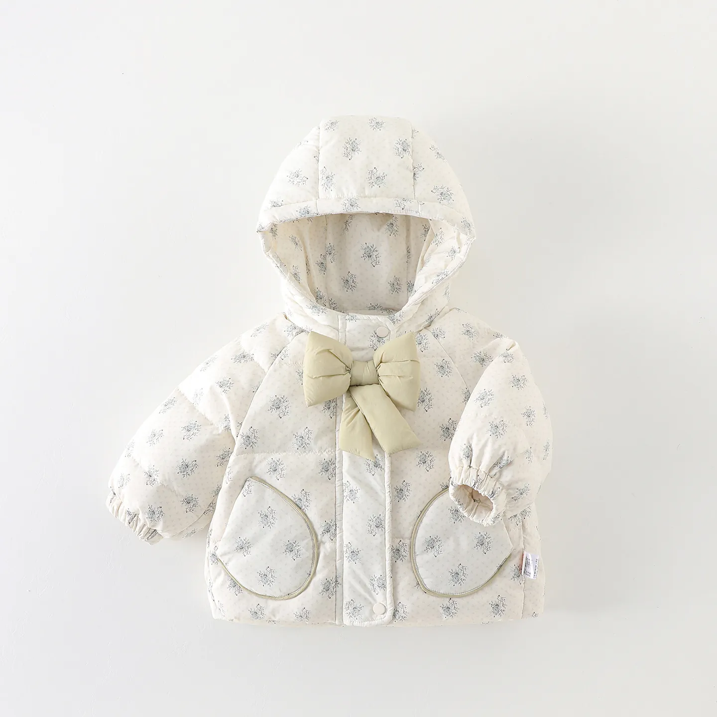Doudoune à Capuche à Fleurs pour Bébé Fille Manteau Rembourré Chaud d'Hiver Avec Nœud Vêtements d'Extérieur Matelassés