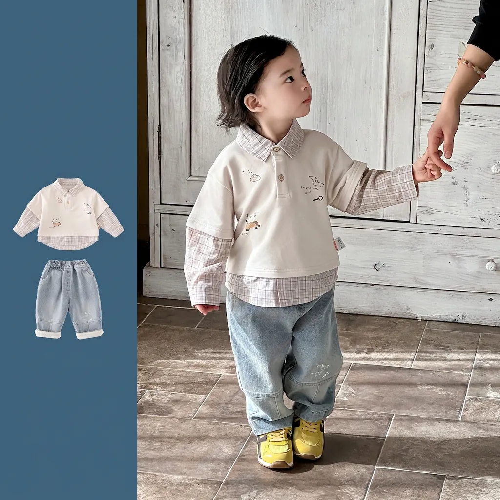 Boys Fake Two Piece Shirt And Denim Pants Two Piece Set Long Sleeve Plaid Patchwork Cartoon Puppy Embroidery Toddler Clothing Set