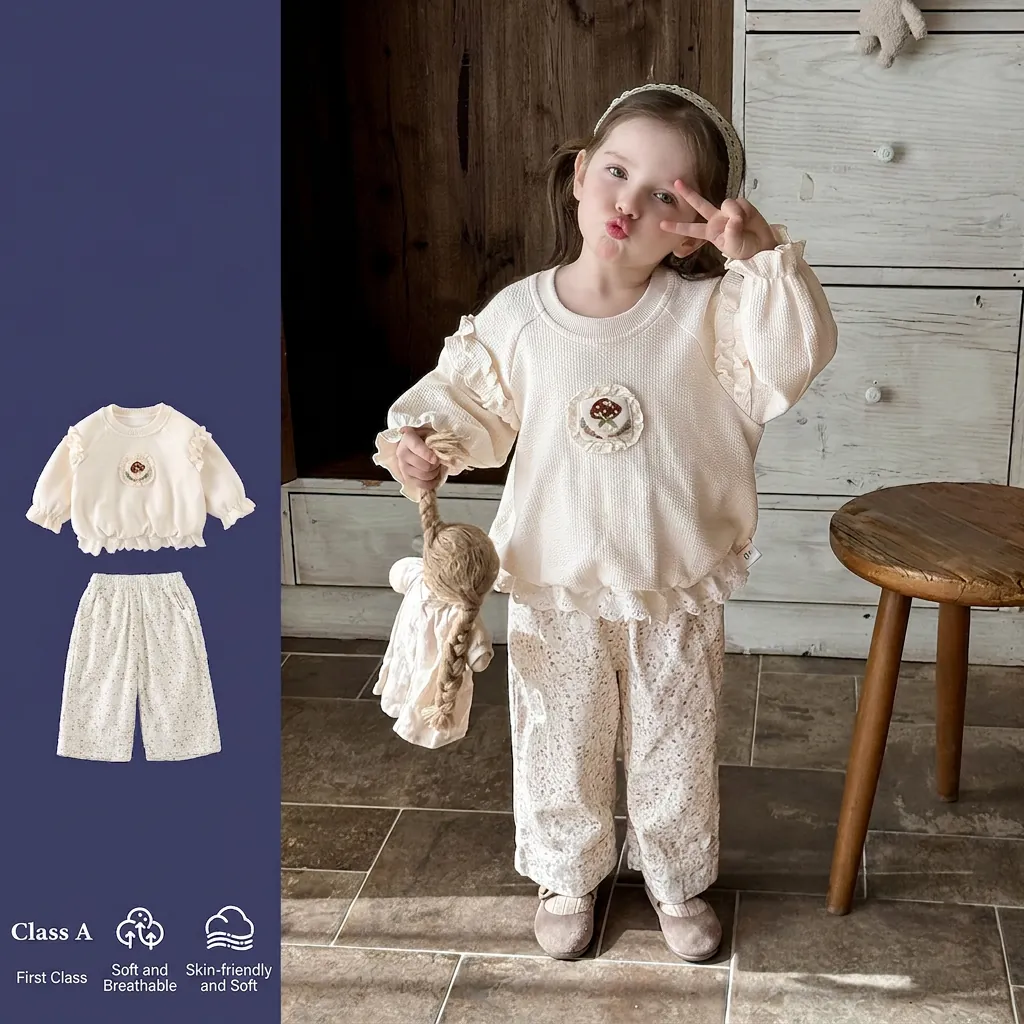 Tenue pour Bébé Fille Haut Gaufre à Volants et Pantalon Fleuri Broderie de Champignon Coton Vêtements d'Automne