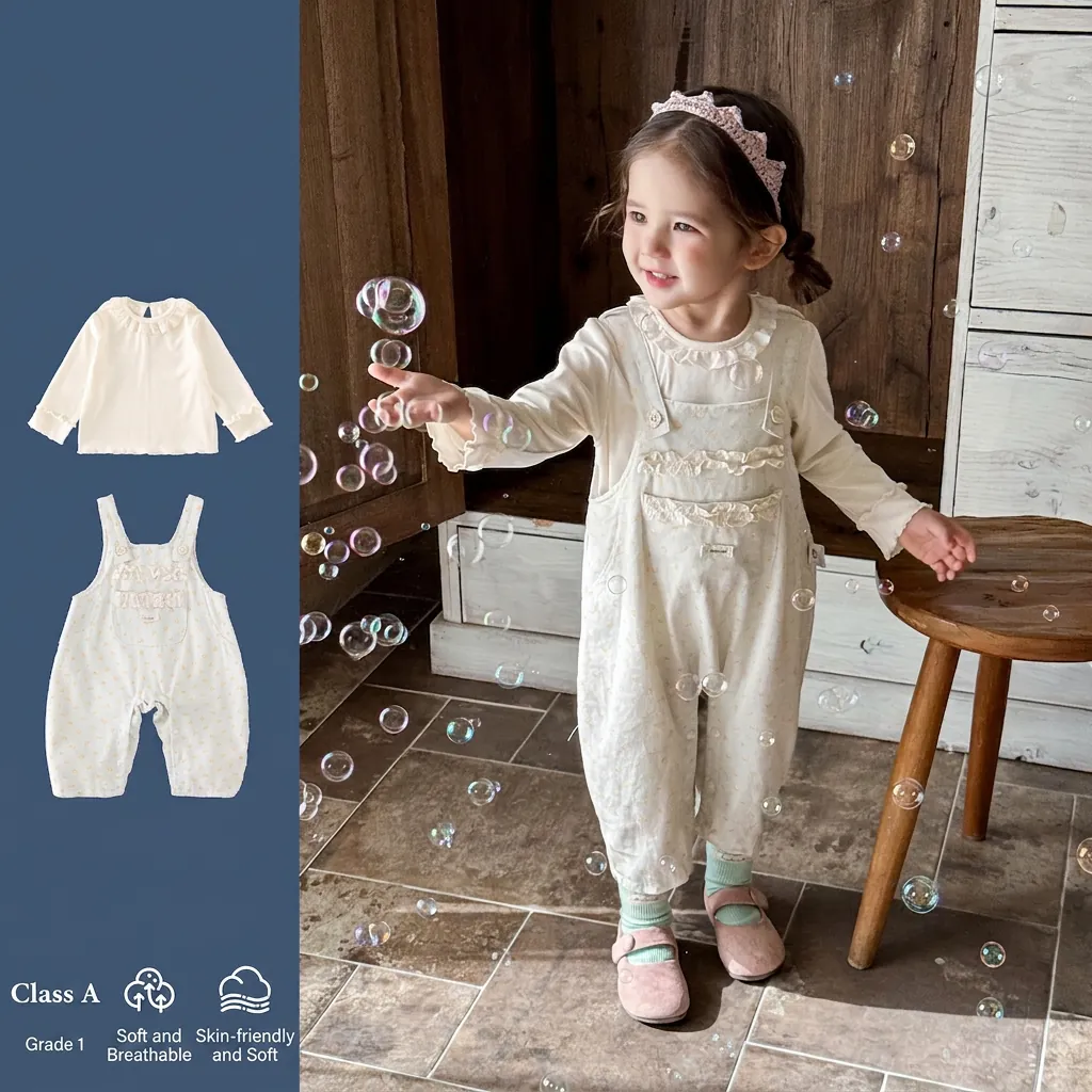Baby Girl Spring Floral Suspender Pants Two-Piece Set Lace Collar Long Sleeve Cotton Shirt Pastoral Outfit Casual Wear