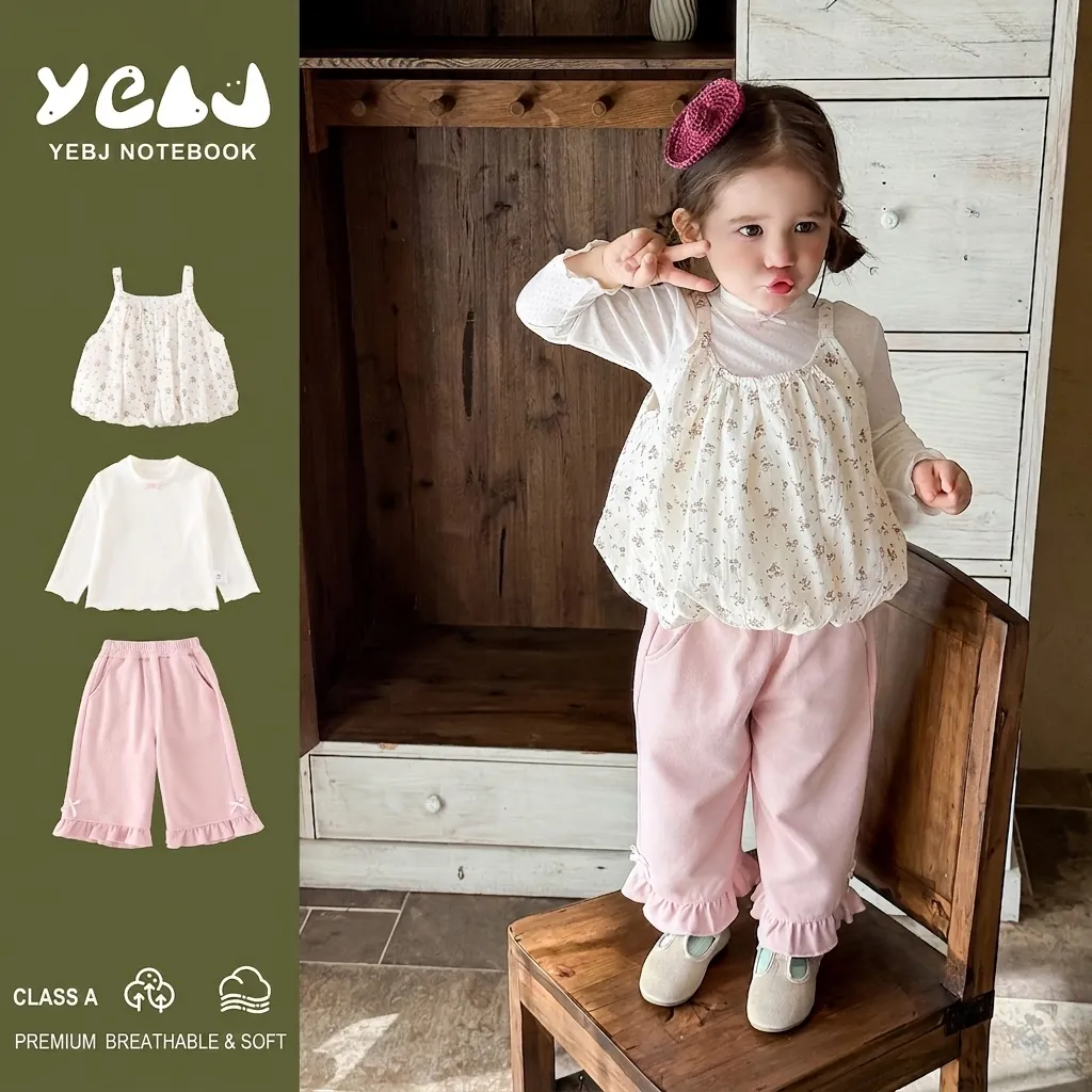 Sweet Toddler Girl Floral Print Vest Long Sleeve Top And Ruffle Hem Pants Cotton Blend Korean Style Kids Outfit Pink