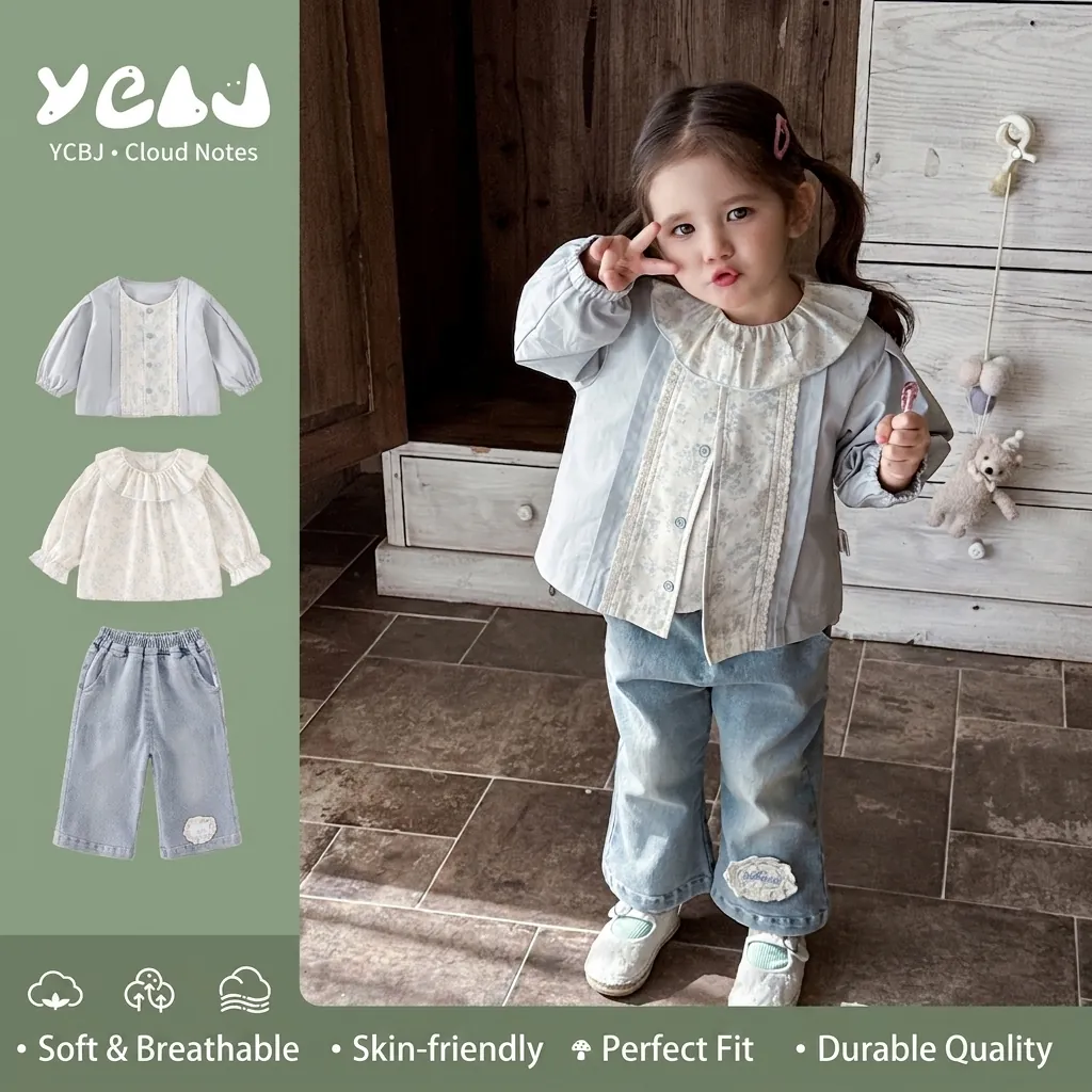 Completo Primaverile Dolce per Neonata in Cotone Giacca in Pizzo Floreale Con Top Interno e Pantaloni in Denim a Gamba Larga