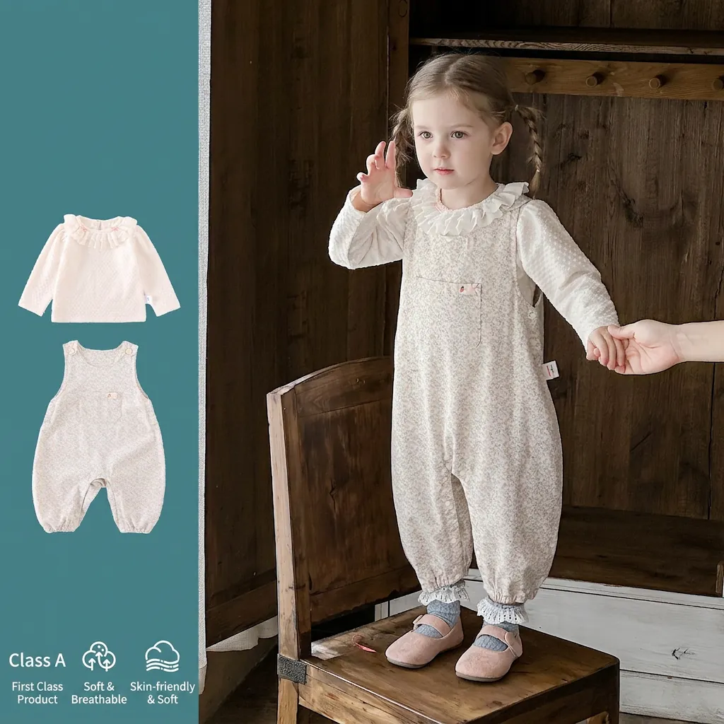Completo da Neonata Dolce a Fiori Top a Maniche Lunghe in Pizzo e Salopette in Cotone Abbigliamento Primavera