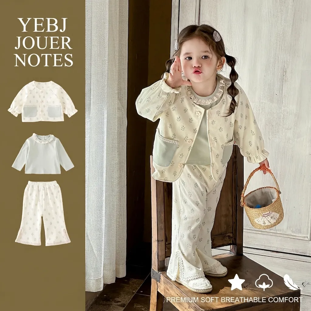 Toddler Girls Floral Cardigan Top And Flare Pants Soft Cotton Blend Infant Spring Outfits Korean Pastoral Style Clothes