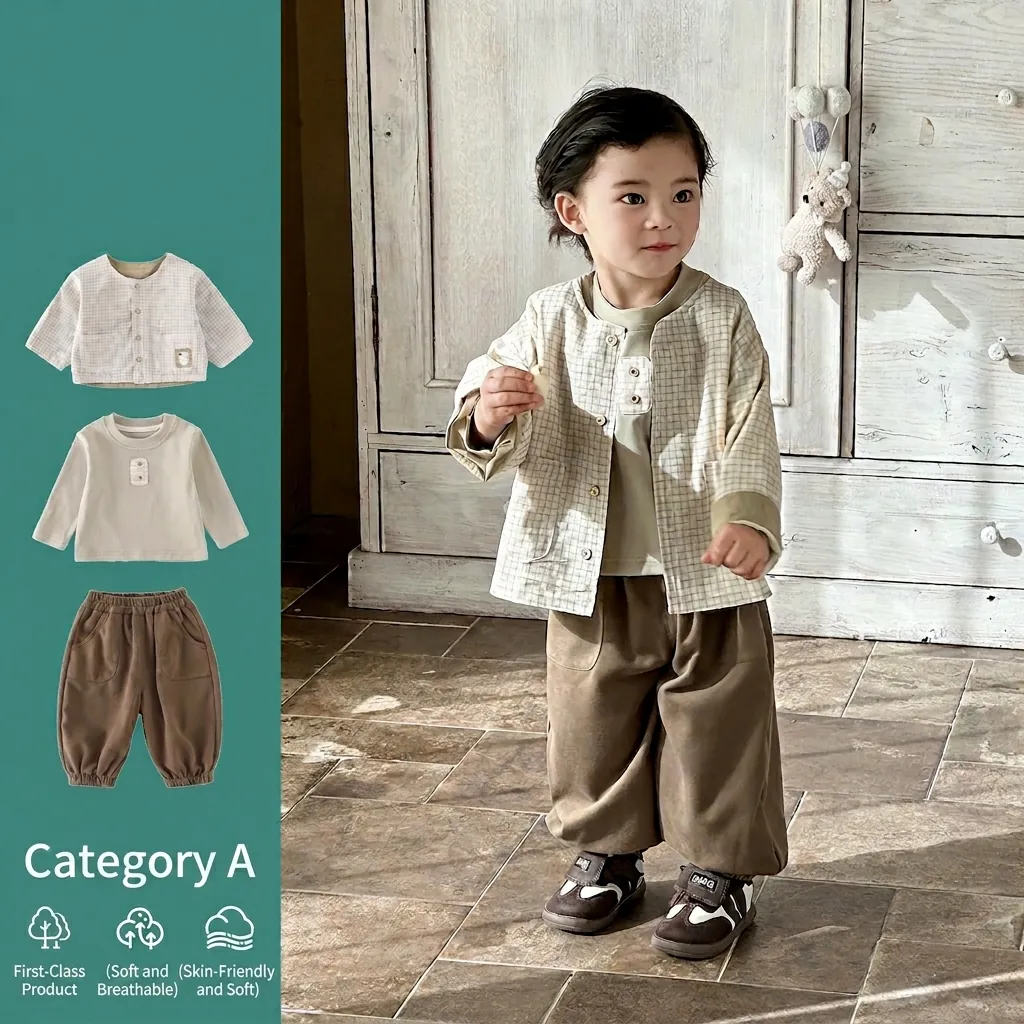 Completo Bambino Cardigan a Quadri in Cotone Con Maglia a Maniche Lunghe e Pantaloni Stile Coreano Traspirante
