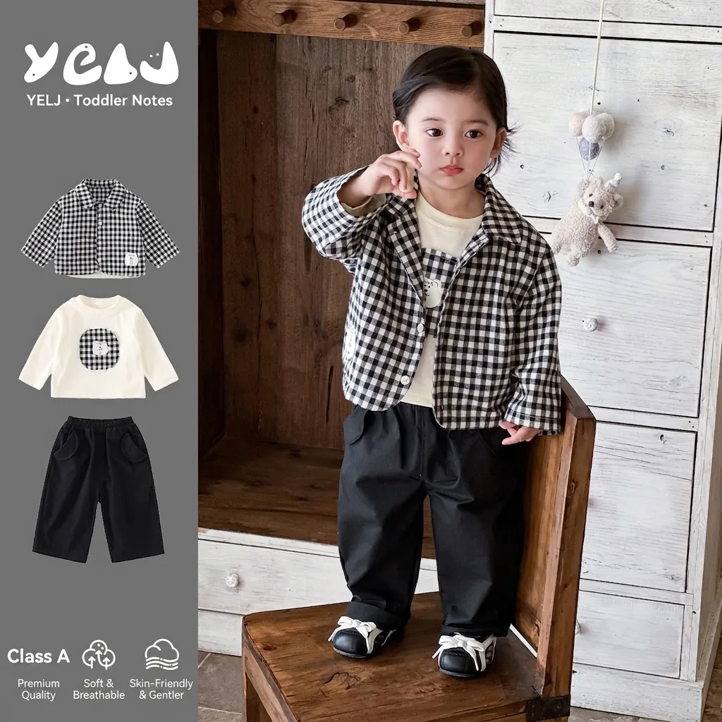 Toddler Boys Cotton Clothing Set Checkered Long Sleeve Shirt Bear Print Tshirt And Pants For Spring Casual Kids Outing Wear