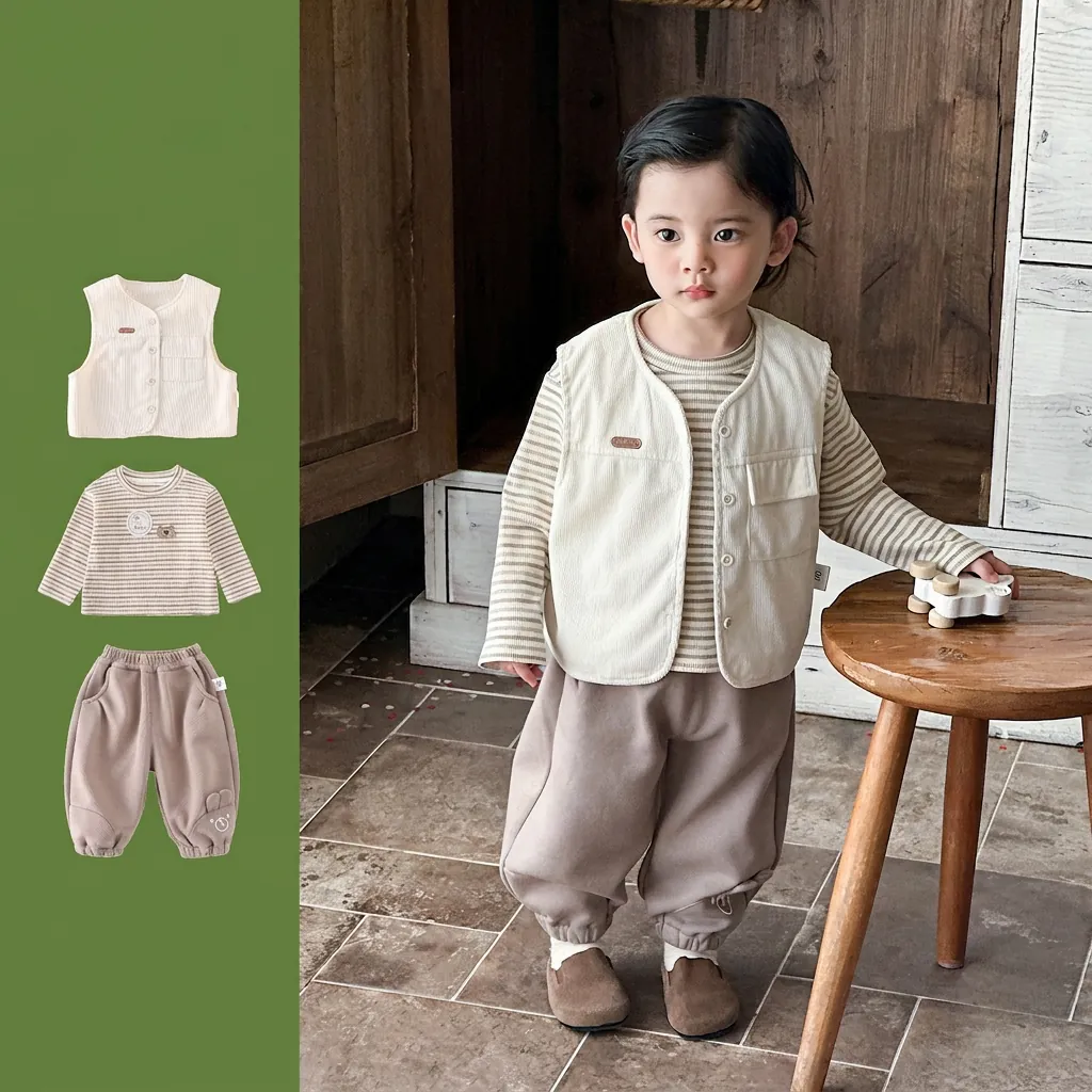Baby Boy Corduroy Vest Striped Long Sleeve Shirt And Pants Outfit Toddler Kids Clothes Cotton Blend Soft Casual Vintage Clothing