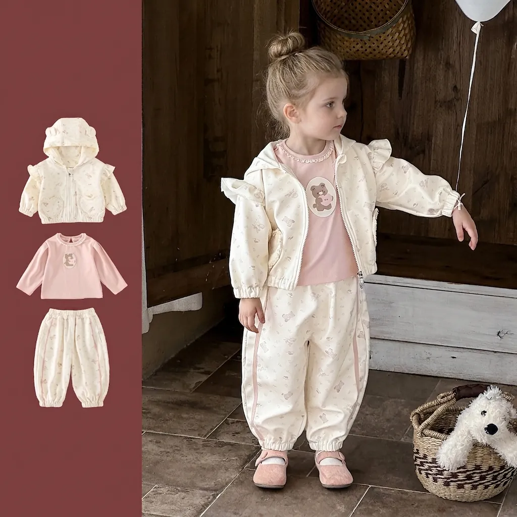 Giacca Con Cappuccio in Cotone per Neonate Maglietta Rosa E Pantaloni Con Stampa Orso All-over Set Di Abbigliamento