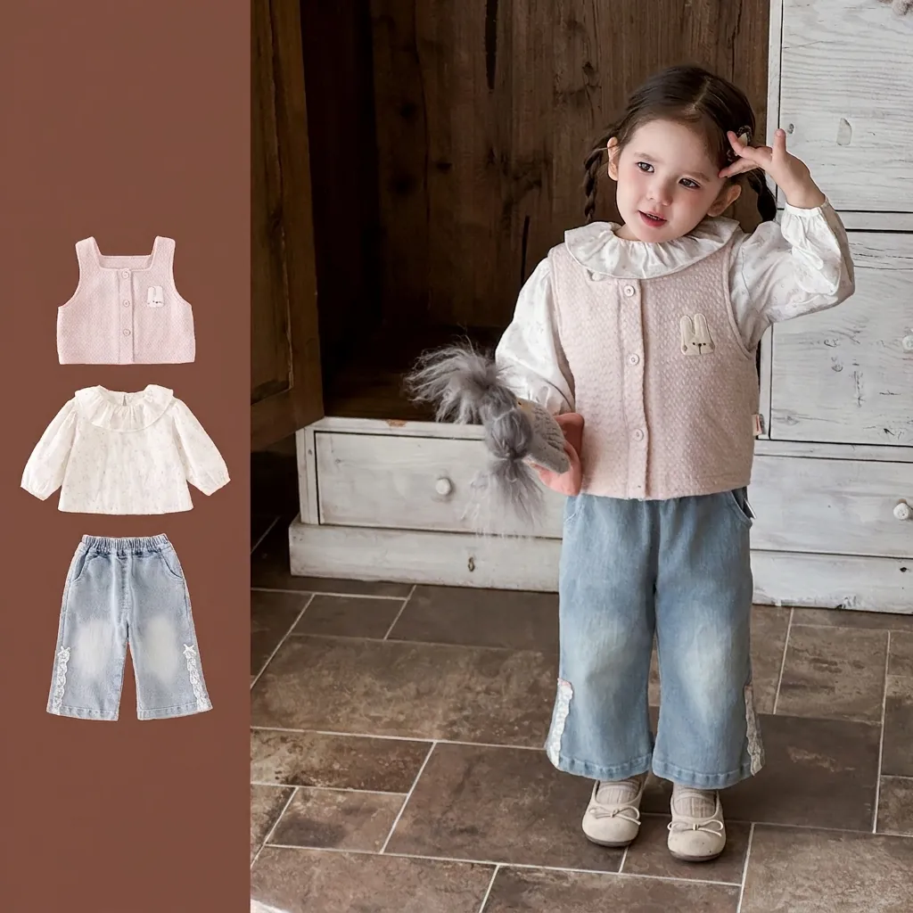 Tenue Printemps Fille Gilet Matelassé Broderie Lapin Chemise Fleurs Volants Pantalon Denim Dentelle Style Coréen