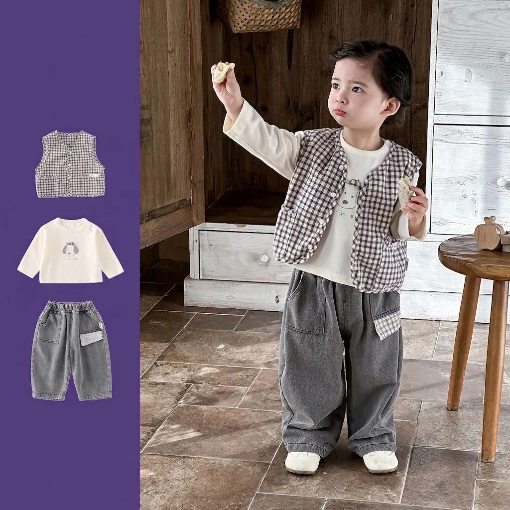 Boys Three Piece Clothing Set Plaid Vest Cartoon Bear Long Sleeve T-Shirt And Casual Pants Soft Cotton Toddler Spring Outfit