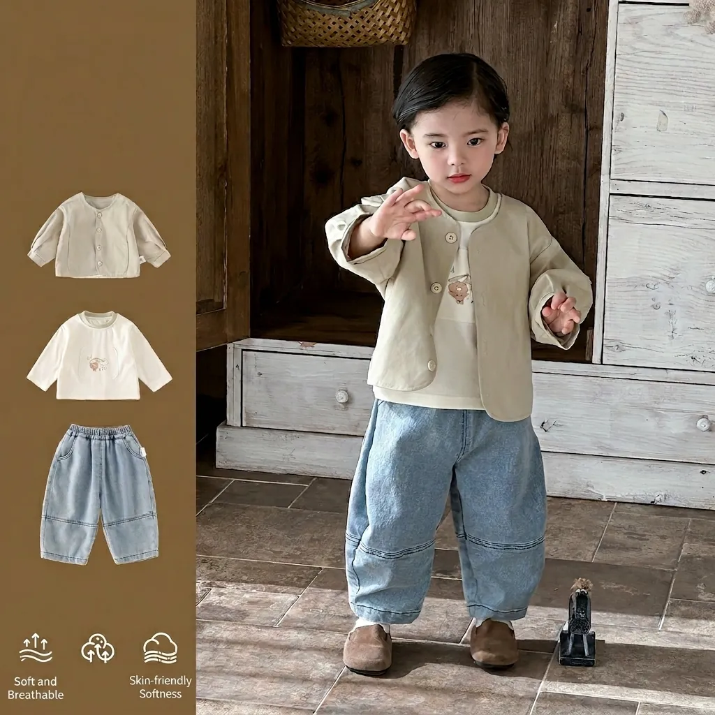 Ensemble de Vêtements 3 Pièces pour Bébé Garçon Cardigan en Coton T-Shirt Ours et Jean Denim Tenue Décontractée Printemps