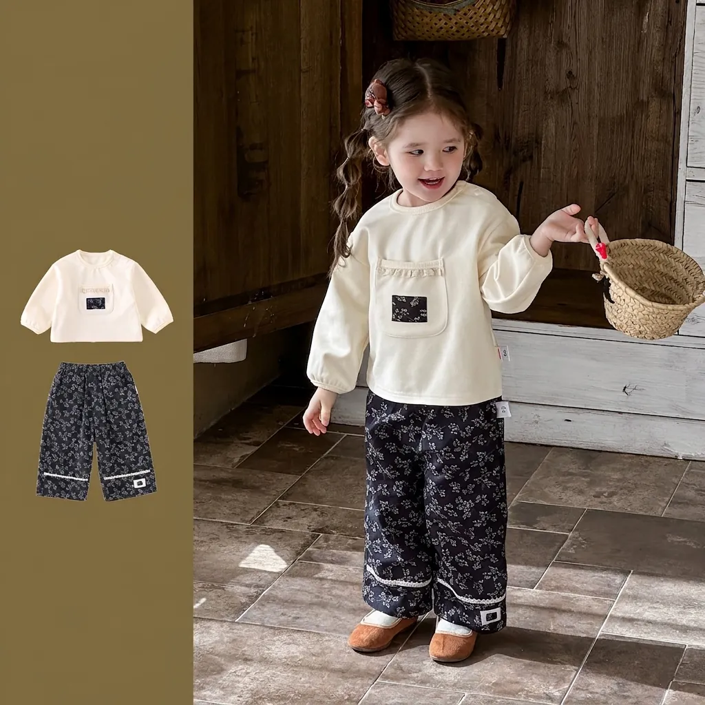 Abbigliamento Casual da Bambina Stile Coreano Felpa a Maniche Lunghe Bianco Latte e Pantaloni a Fiori Blu Scuro