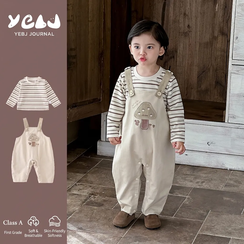 Vêtements Bébé Garçon Chemise à Rayures Manches Longues Et Pantalon à Bretelles Patch Champignon Coton Style Forêt
