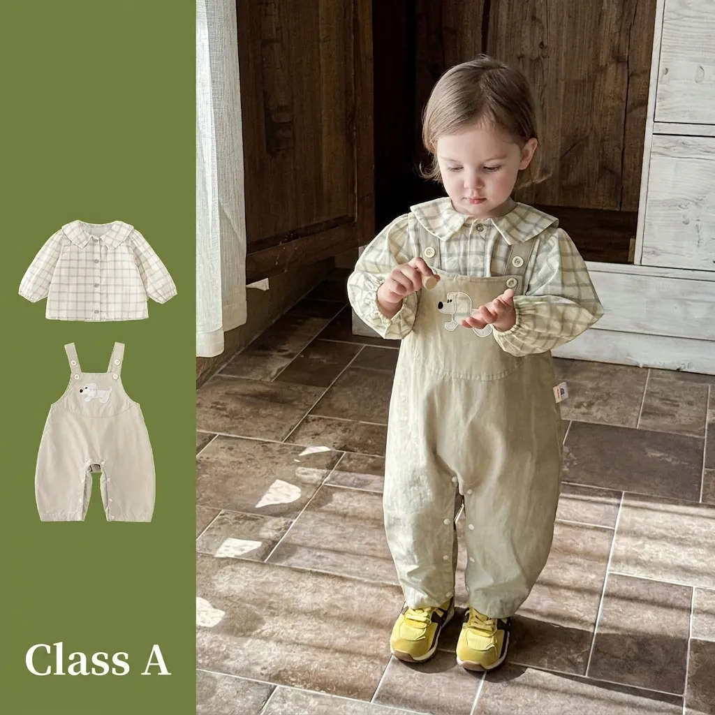 Ensemble de Vêtements en Coton pour Bébé Garçon Chemise à Carreaux et Pantalon à Bretelles Haut à Manches Longues