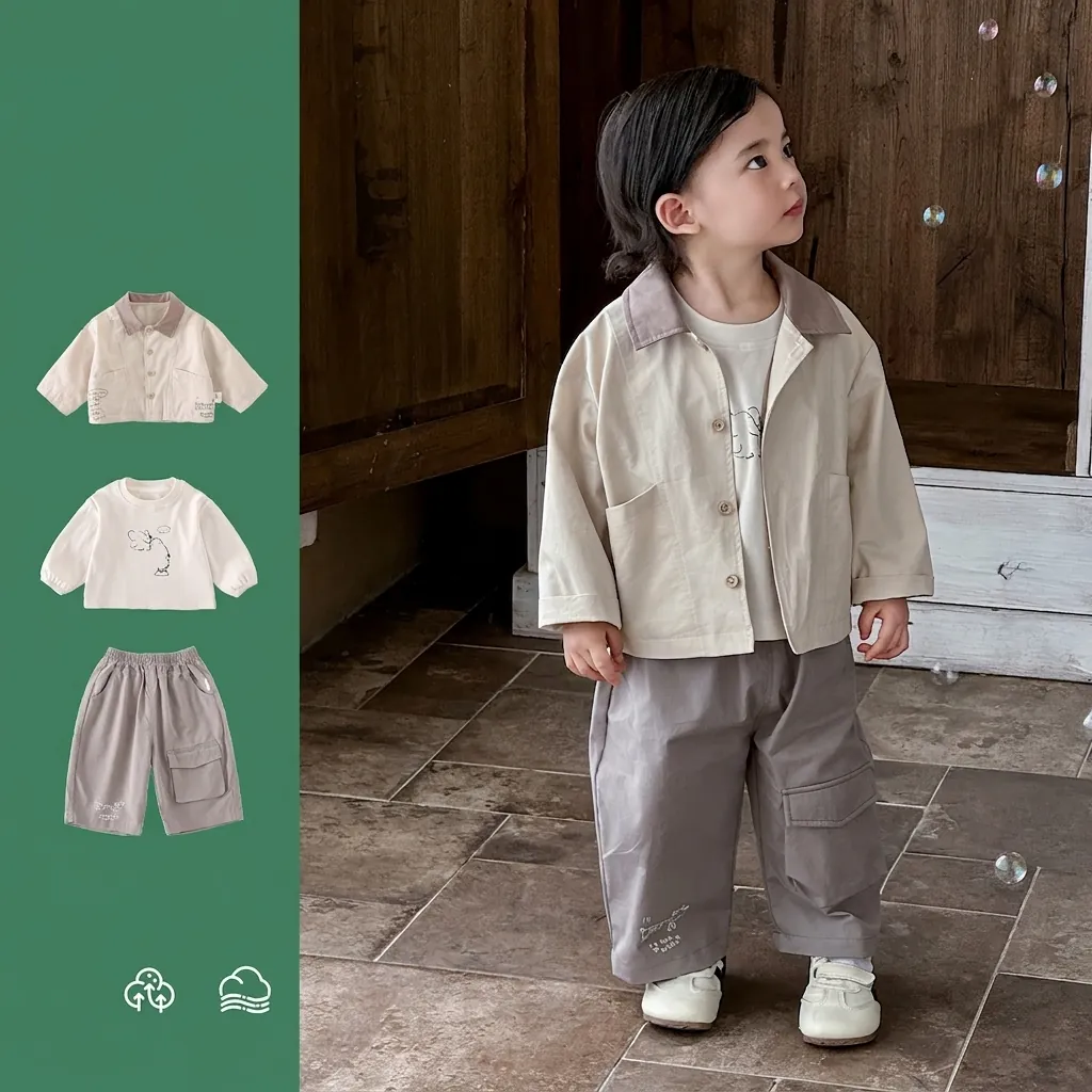 Toddler Boys Three-Piece Clothing Set Spring Cotton Lapel Jacket Printed T-Shirt And Cargo Pants Fashion Casual Kids Outfit