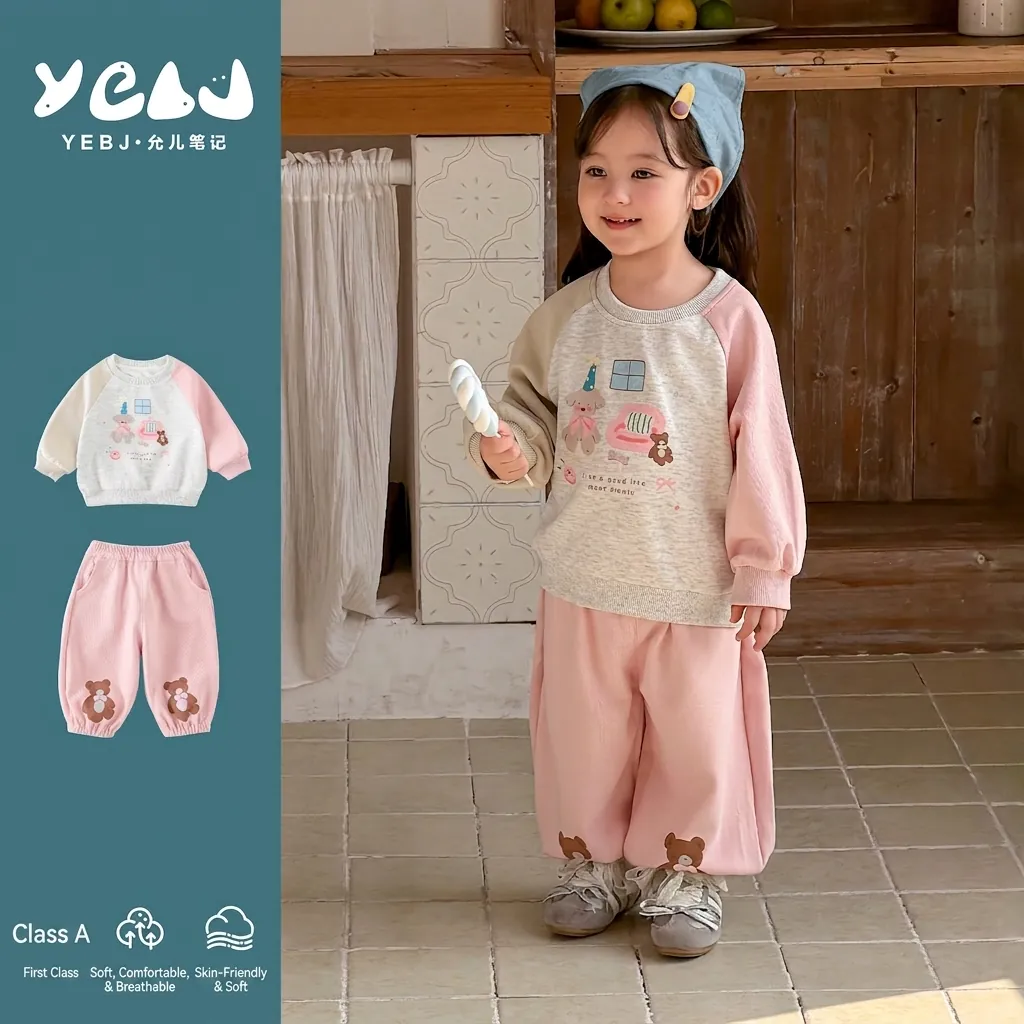Toddler Girls Casual Color Block Sweatshirt And Pants Outfit Cute Cartoon Bear Printed Long Sleeve Pullover Spring Clothing