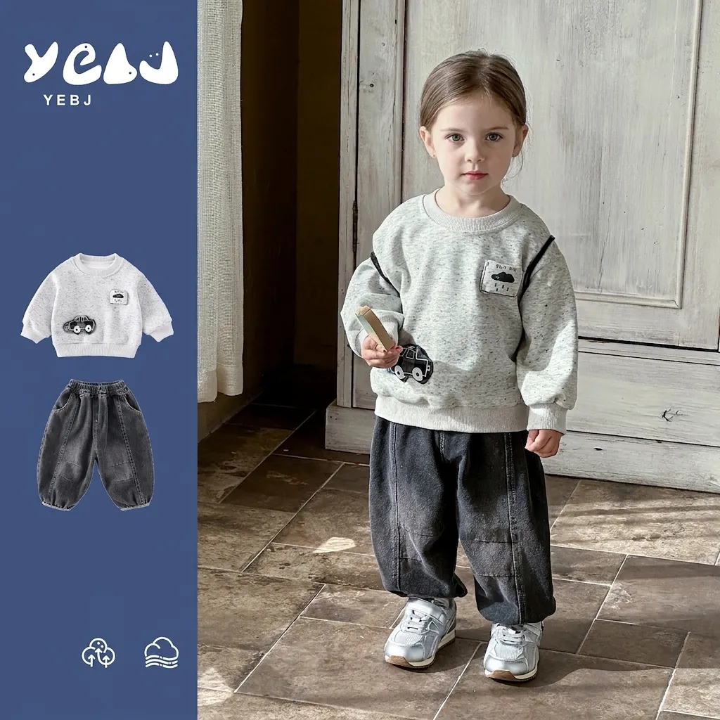 Boys Casual Two-Piece Clothing Set Cotton Blend Grey Sweatshirt And Trousers Cartoon Car Patchwork For Toddlers Spring