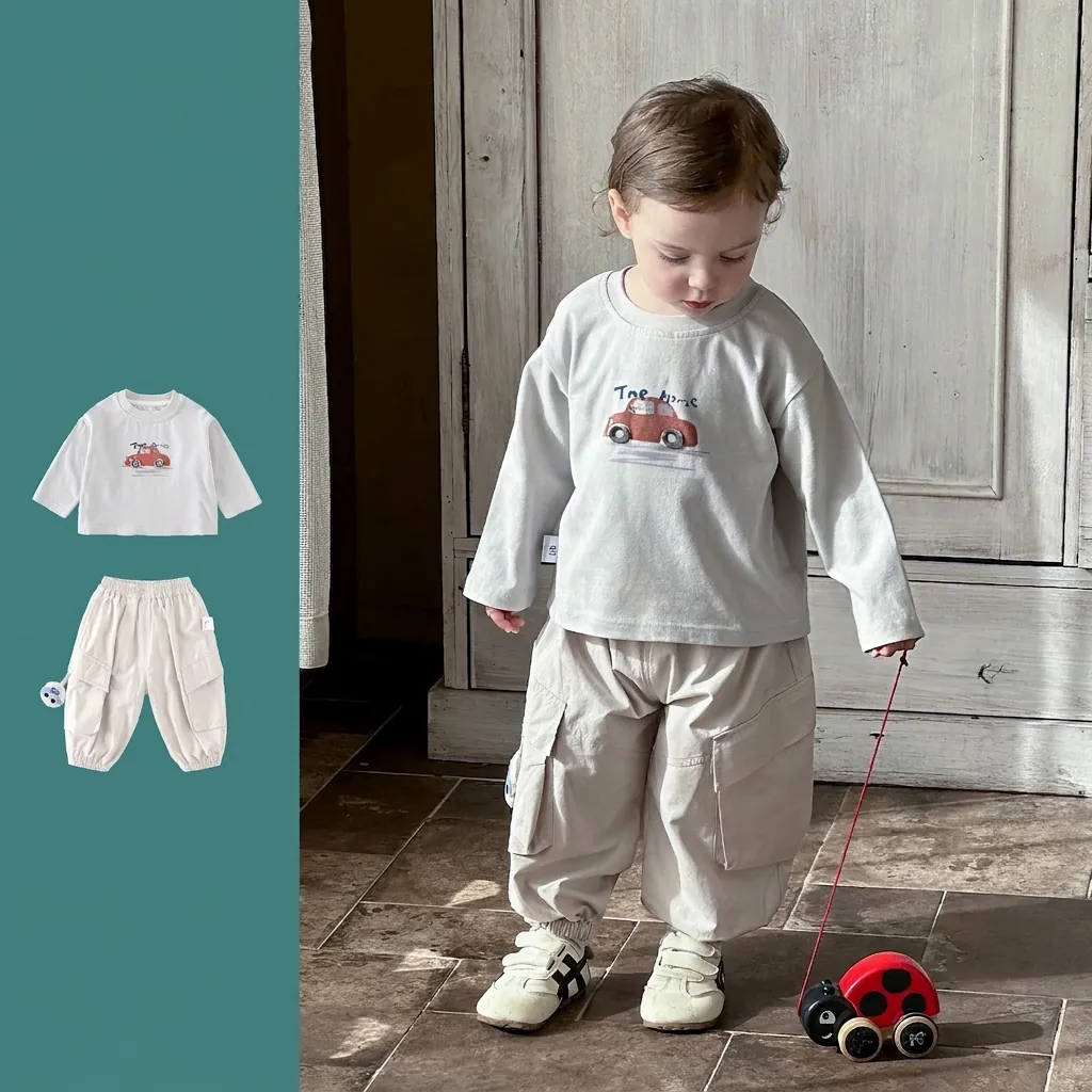 Baby Boys Cartoon Car Long Sleeve T-Shirt And Cargo Pants 2-Piece Set Cotton Casual Toddler Spring Outfit For Daily Wear