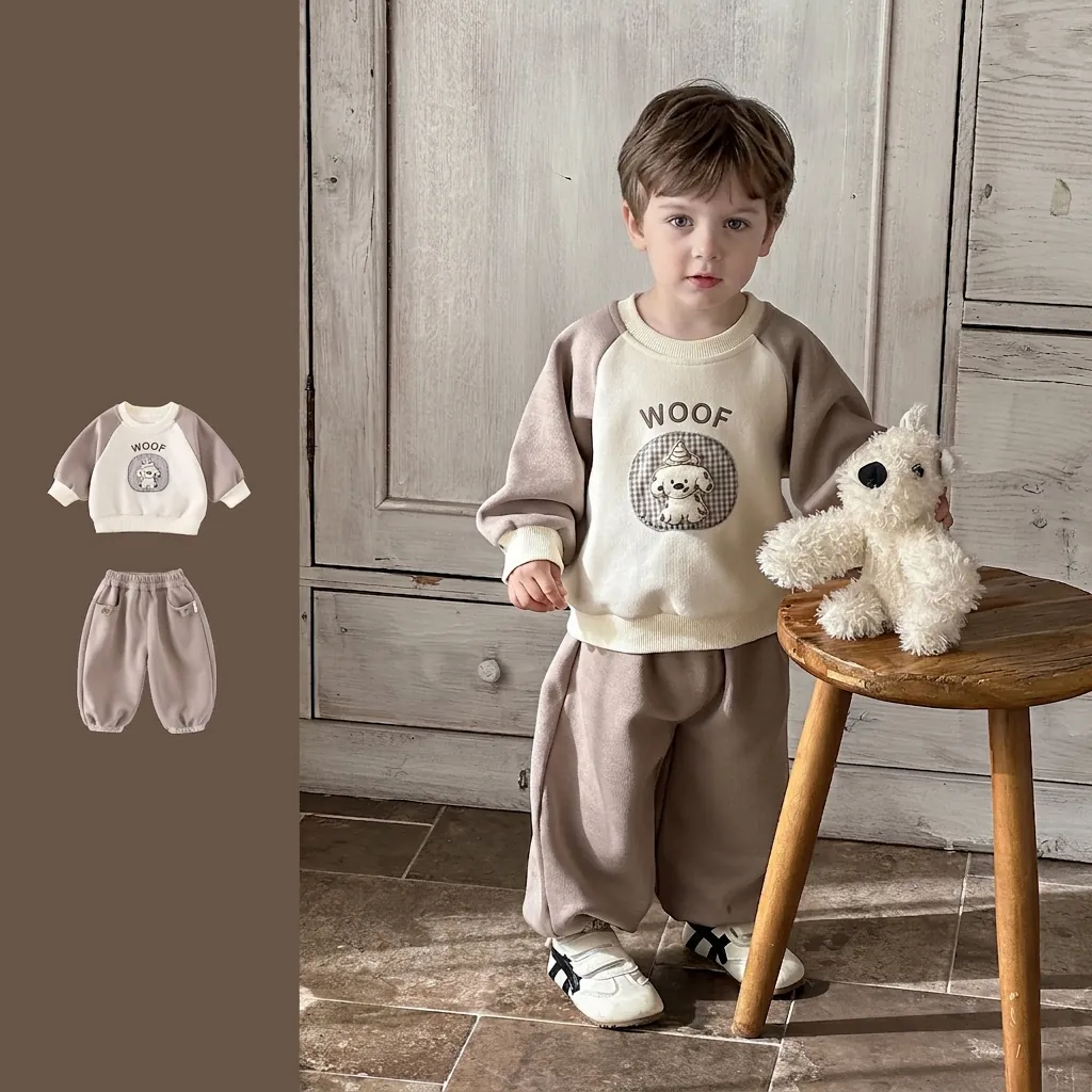 Toddler Baby Boys Korean Style Casual Sweatshirt And Sweatpants Set Cotton Blend Cartoon Dog Patch Spring Outfit