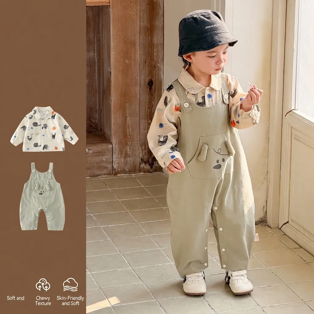 Toddler Boys Korean Style Cartoon Printed Long Sleeve Shirt And 3D Animal Pocket Suspender Pants Two Piece Set Spring Clothing
