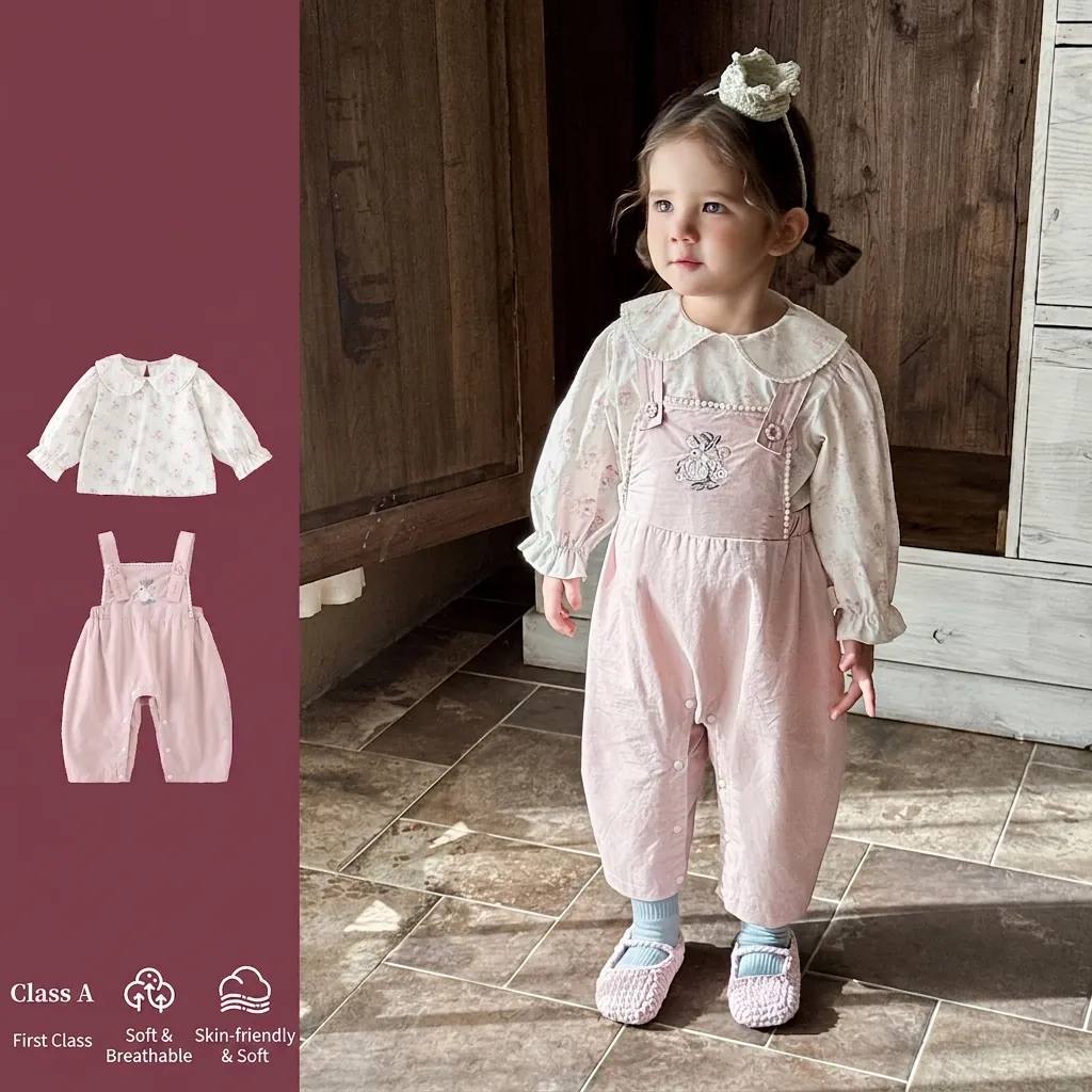 Korean Style Baby Girl Spring Floral Long Sleeve Shirt And Pink Rabbit Embroidery Suspender Pants Two Piece Cotton Clothing Set