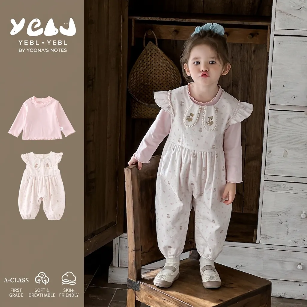 Toddler Baby Girl Two Piece Clothing Set Cotton Floral Bear Print Long Sleeve Top And Romper Sweet Style Baby Outfits