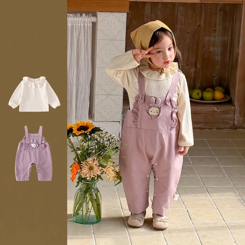 Ensemble de Vêtements de Printemps pour Petites Filles Style Coréen Haut à Manches Longues et Salopette Lapin Dessin Animé