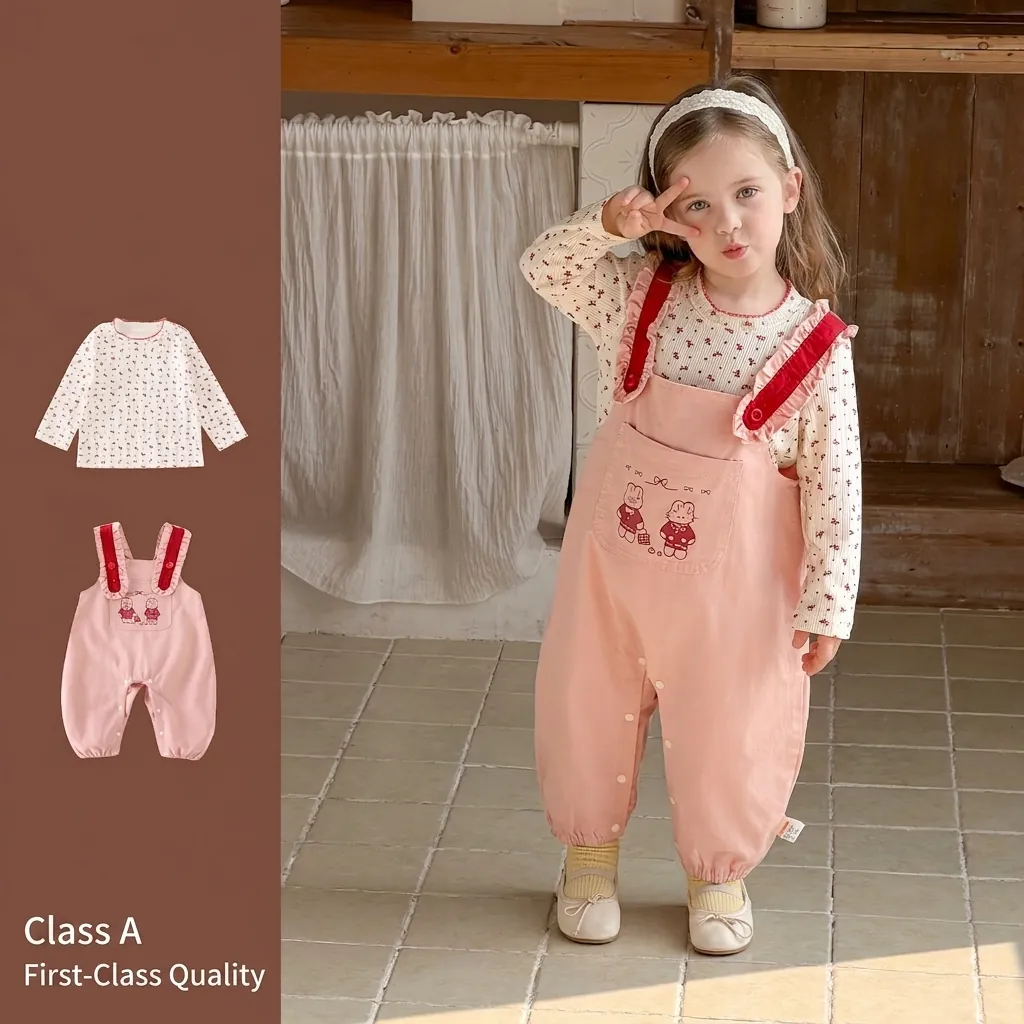 Ensemble Salopette Rose pour Fillettes Chemise à Manches Longues Florale Broderie Lapin Tenue Deux Pièces Printemps Décontractée