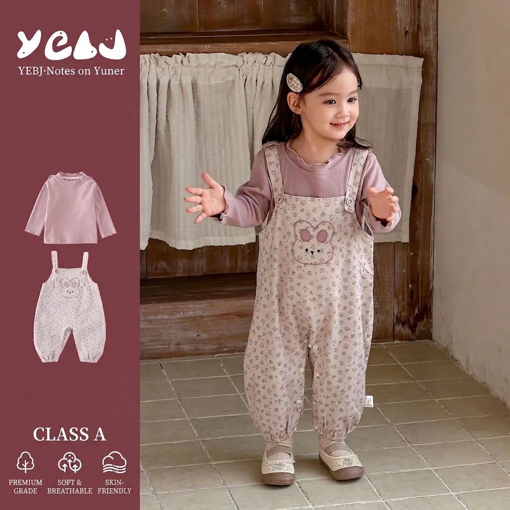 Toddler Girls Spring Outfit Cartoon Rabbit Embroidery Long Sleeve Top And Floral Bib Pants Sweet Baby Clothes