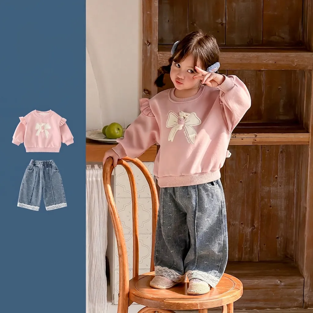Ensemble Mode Printemps pour Fillette Style Coréen Sweat-Shirt à Volants et Pantalon Denim Large avec Dentelle et Nœud