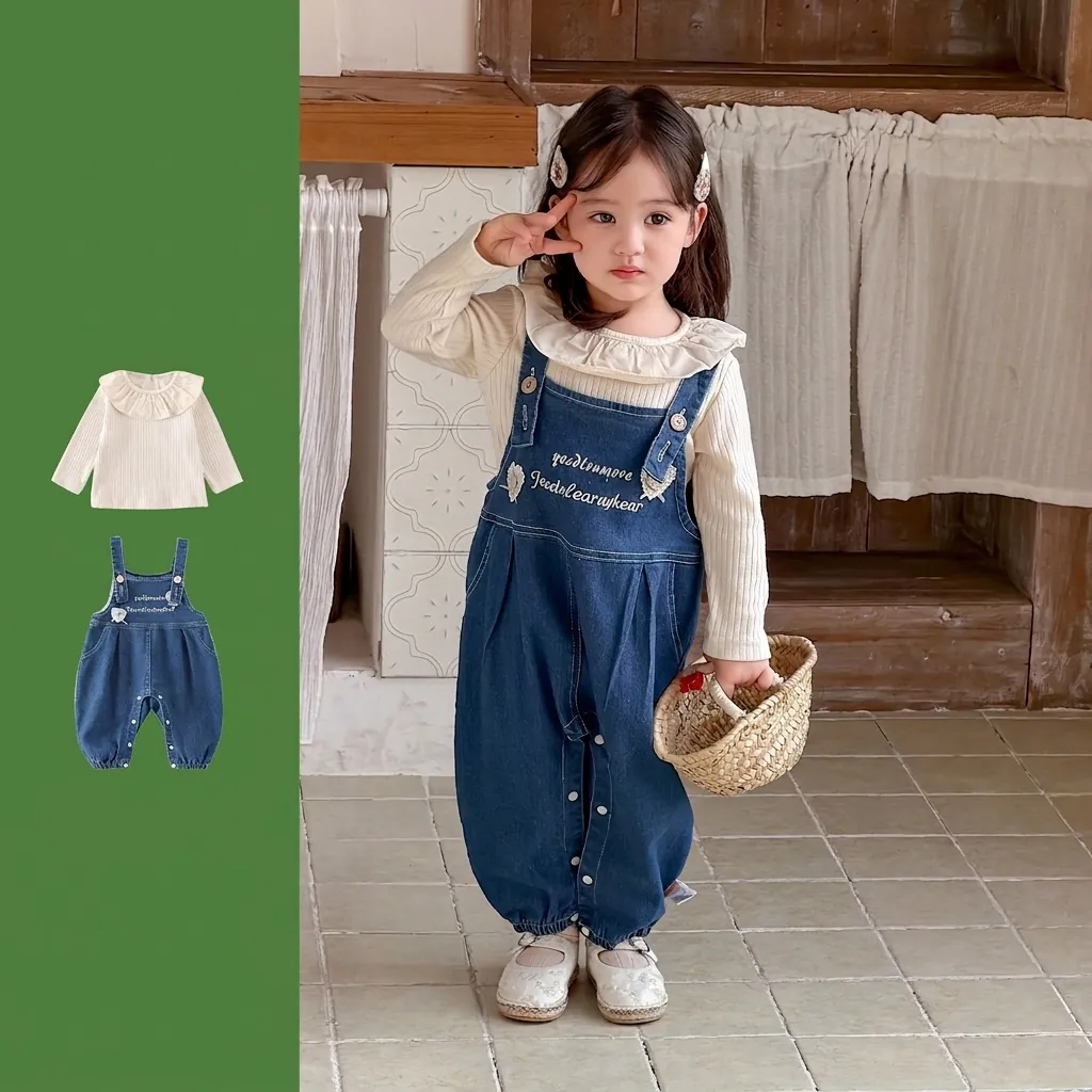 Vêtements Bébé Fille Haut Nervuré à Volants Et Salopette en Jean Broderie Coeur Infantile Tout-petit Tenue Mode Printemps
