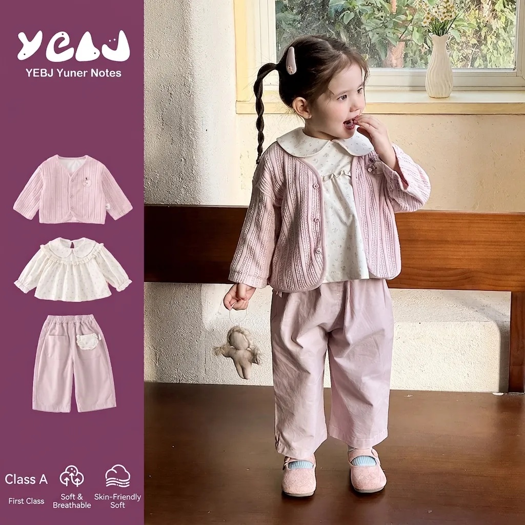 Kleinkind Baby Mädchen 3-Teiliges Frühlings-Outfit Set Süßes Blumenhemd Rippstrickjacke Und Rosa Hose Set Klasse A Baumwolle