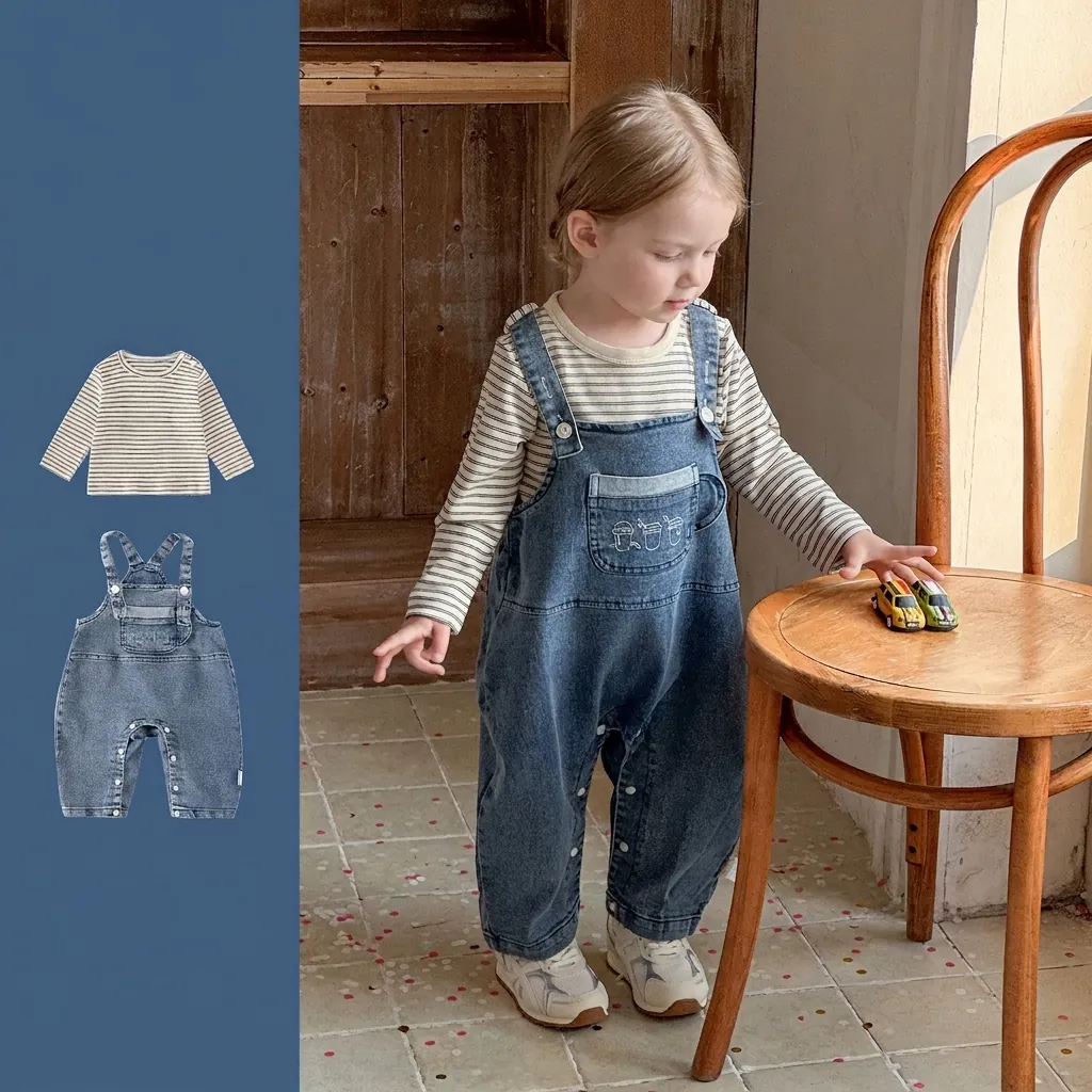 Ensemble de Vêtements pour Bébé Garçon Haut à Rayures Manches Longues et Salopette en Jean Style Coréen Décontracté