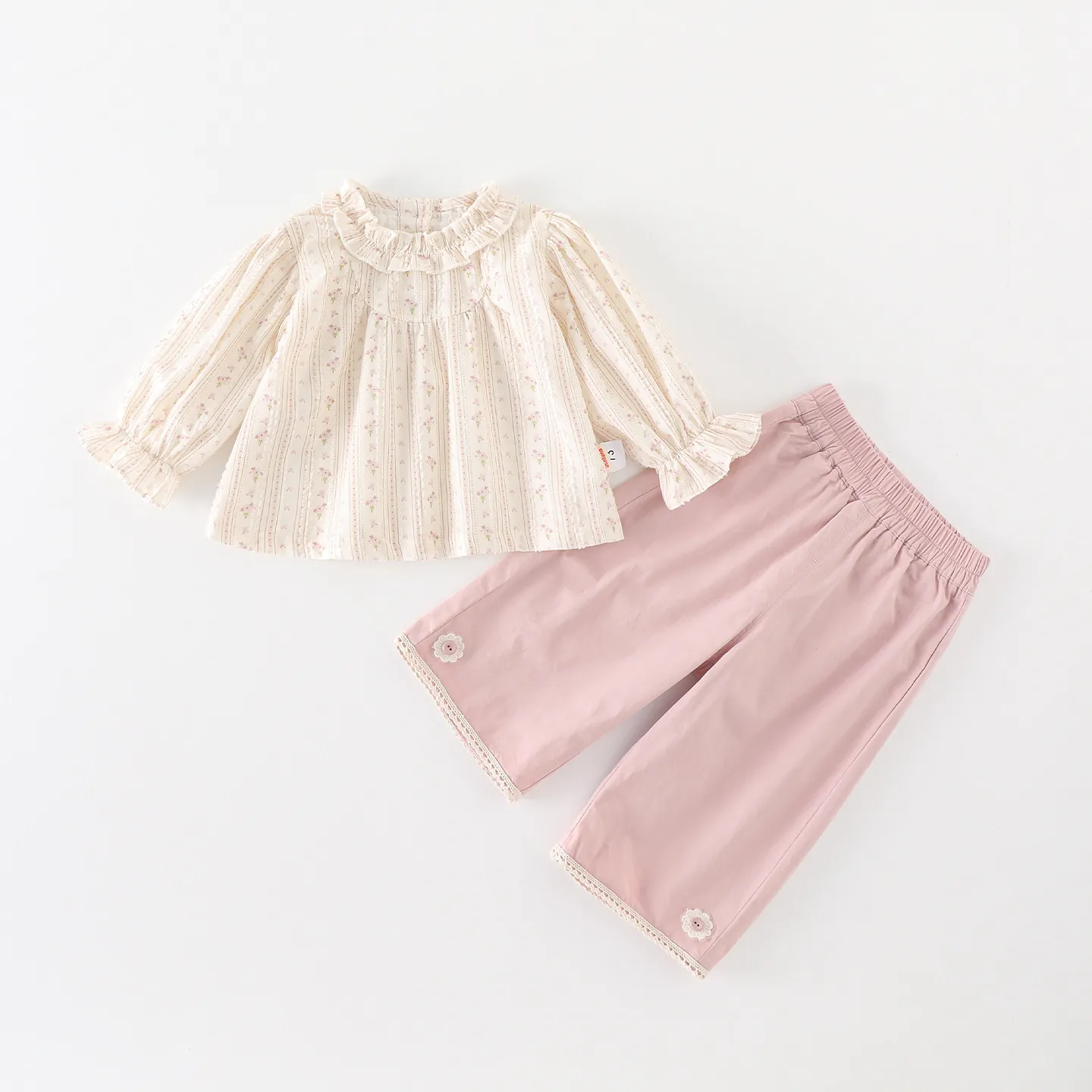 Toddler Girl Floral Ruffle Blouse Pink Wide Leg Pants Clothing Outfit Korean Style Cotton Spring Apparel For Babies